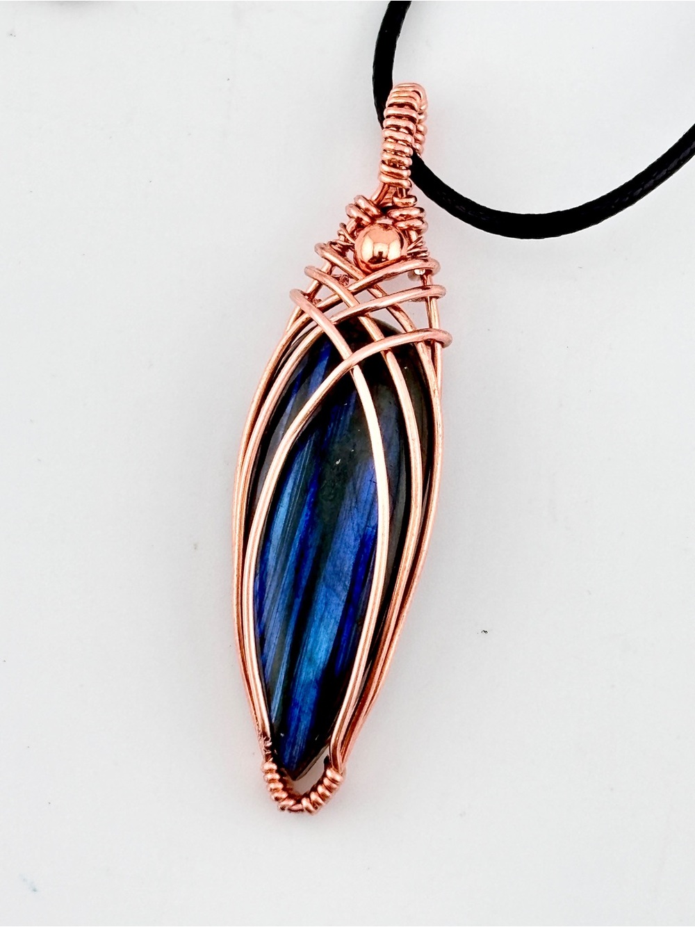 HANDMADE Blue Flash Labradorite Copper Wire Wrapped Unisex Pendant Necklace